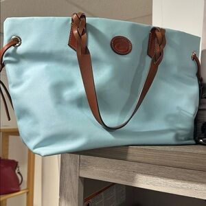 Dooney & Bourke Aqua Nylon Tote Bag Brown Leather Braided Handles